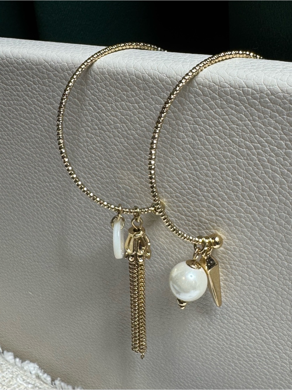 Gold Hoop Earrings with White Pearl and Tassel Charms - Women Jewelry